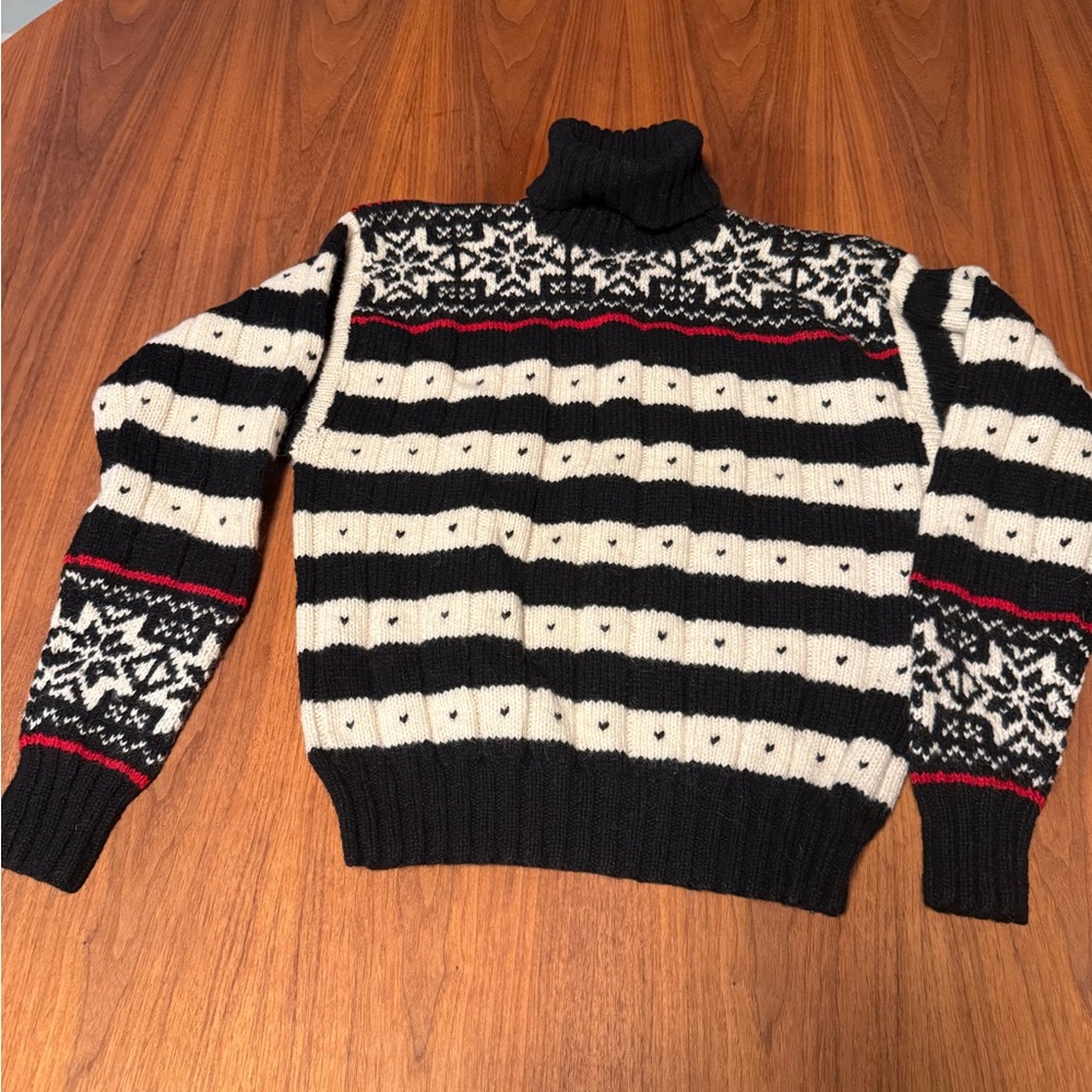 Vintage RALPH LAUREN 100% Wool Hand Knit Men's Black and Cream Sweater Sz M EUC